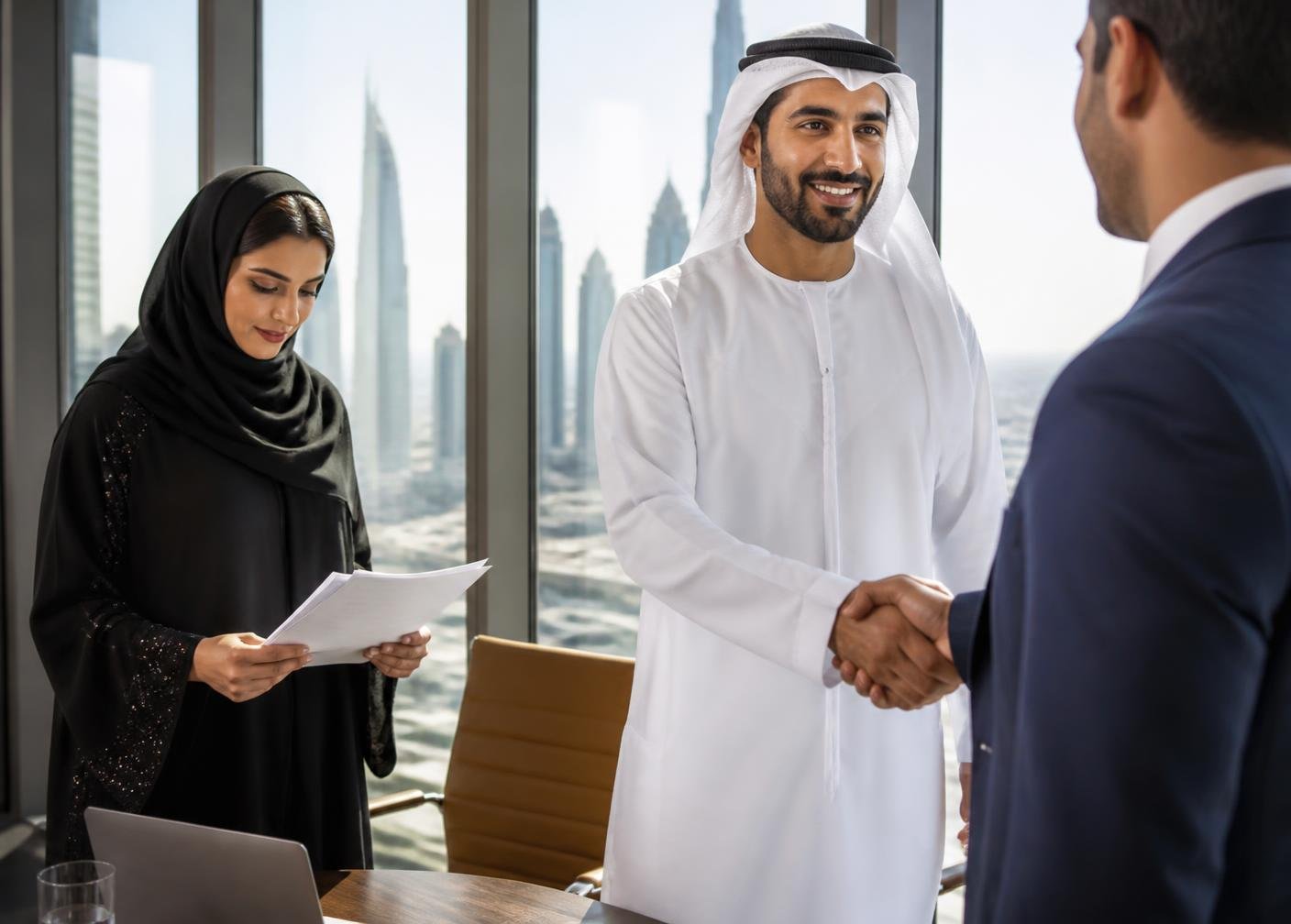Emirati business professionals meeting in a Dubai office